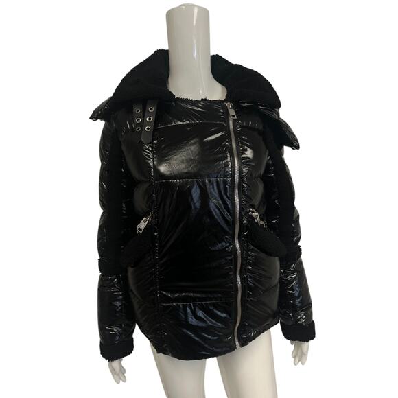 SERIES BY NICOLE BENISTI Black Down Puffer Coat Shearling Collared Jacket XS - Picture 3 of 6